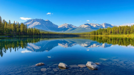 A perfect reflection of a mountain range on the calm waters of Swift Lake, with clear blue skies and no wind in sight.の素材