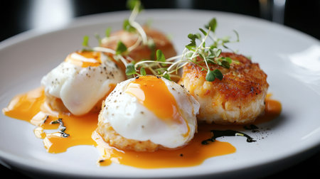 A luxurious brunch table featuring poached eggs with crab cakes, garnished with microgreens and served with a citrus sauce.の素材
