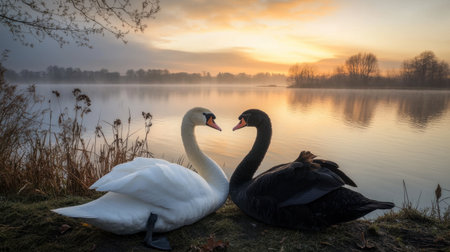 A pair of swans, one white and one black, resting on the shoreline of a peaceful lake at sunset.の素材