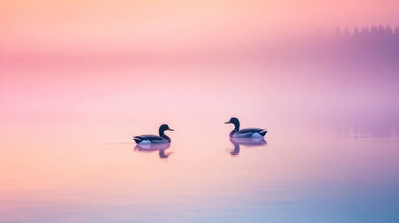 A peaceful image of two ducks swimming across the calm surface of Swift Lake, with the distant shore reflected in the water.の素材
