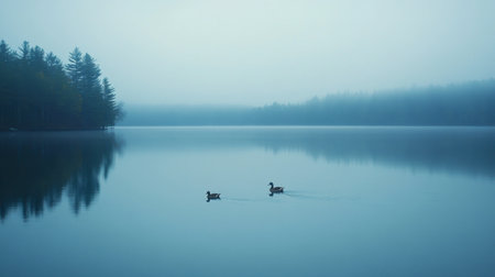A peaceful image of two ducks swimming across the calm surface of Swift Lake, with the distant shore reflected in the water.の素材