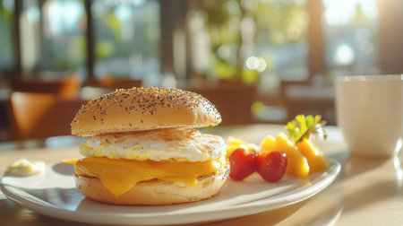 A mouthwatering egg and cheese breakfast sandwich on a toasted bagel, served with a side of fresh fruit in a bright caf setting.の素材