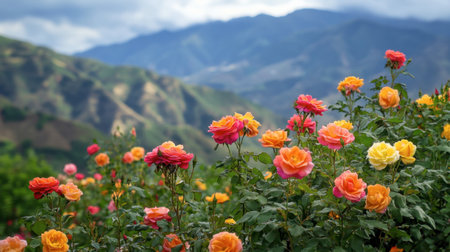 A majestic view of multicolored roses blooming on a hillside, with breathtaking mountains in the background, capturing nature beauty.の素材