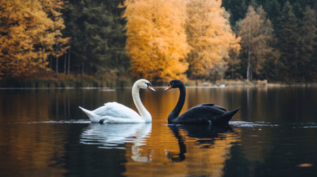 A pair of swans, one white and one black, swimming side by side in a natural lake surrounded by trees.の素材