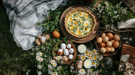 A rustic outdoor picnic setting with a spread of egg dishes, including quiche and deviled eggs, surrounded by fresh herbs and flowers.の素材