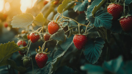 A picturesque image of strawberries growing on the vine in a garden, showcasing the beauty of nature and the joy of gardening.の素材