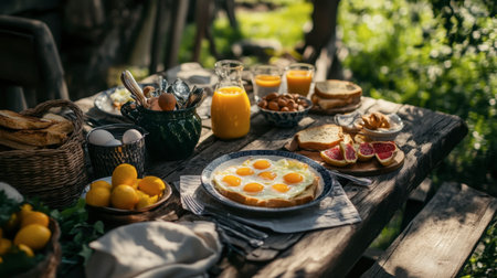 A picturesque setting of an outdoor breakfast table with scrambled eggs, toast, and fresh fruit, ideal for a leisurely morning.の素材