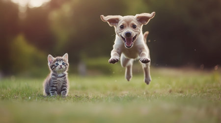 A playful dog jumping in the air while a curious kitten watches, capturing the joy of their playful relationship.の素材