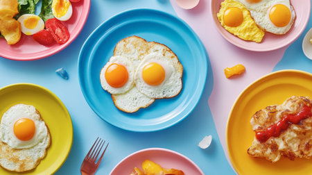 A playful breakfast scene with eggs cooked in various styles, including scrambled, fried, and poached, each presented on colorful plates.の素材