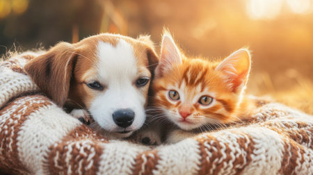 A playful puppy and a curious kitten sharing a cozy blanket on a sunny afternoon, embodying friendship and warmth.の素材