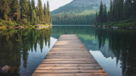 A picturesque wooden dock leading into Swift Lake, with the glassy surface reflecting the surrounding wilderness.の素材
