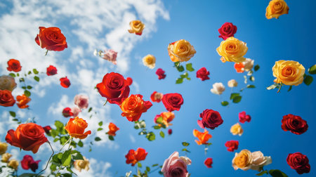 A playful image of multicolored roses being tossed in the air, capturing the joy and spontaneity of a celebration.の素材