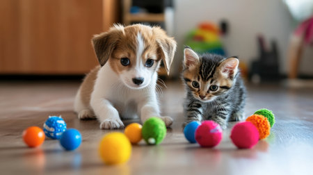 A puppy and kitten playing with colorful toys scattered around, showcasing their playful personalities in a fun environment.の素材