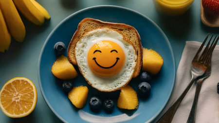 A playful image of a fried egg shaped like a smiling face, served on a bright plate with toast and fresh fruit for a fun breakfast.の素材