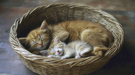 A puppy curled up with a kitten in a basket, both fast asleep, showcasing the innocence of young pets.の素材