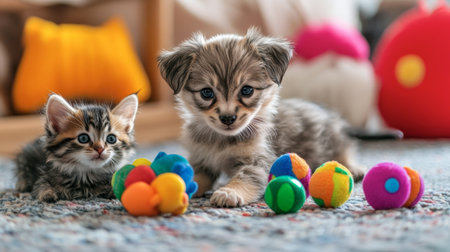 A puppy and kitten playing with colorful toys scattered around, showcasing their playful personalities in a fun environment.の素材