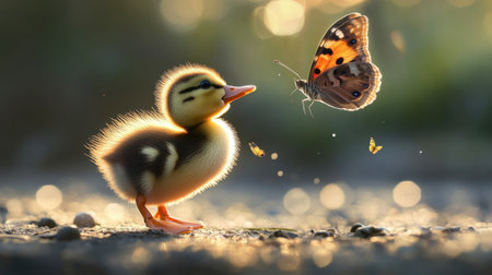 A playful moment where a duckling tries to chase a butterfly fluttering above it, showcasing the innocence of nature.の素材