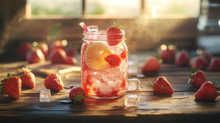 A rustic wooden table adorned with a mason jar filled with strawberry lemonade, surrounded by fresh strawberries and ice cubes, capturing summer vibes.の素材