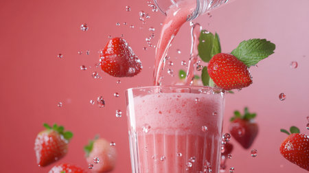A playful image of a smoothie being poured into a glass, with fresh strawberries and mint leaves creating a refreshing visual.の素材