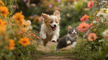 A puppy chasing after a kitten in a garden filled with colorful flowers, capturing a moment of playful joy.の素材