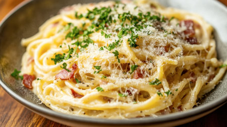 A rich and creamy carbonara pasta dish featuring scrambled eggs, pancetta, and Parmesan cheese, served in an elegant bowl.の素材