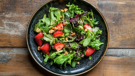A refreshing summer salad featuring mixed greens, strawberries, nuts, and a tangy vinaigrette, beautifully arranged on a rustic plate.の素材