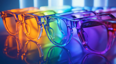 A row of colorful, translucent glasses with an optical illusion effect, blending artistry and function.の素材