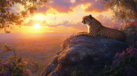 A serene portrait of a cheetah resting on a rock, framed by a stunning sunset, evoking a sense of calm in the wilderness.の素材