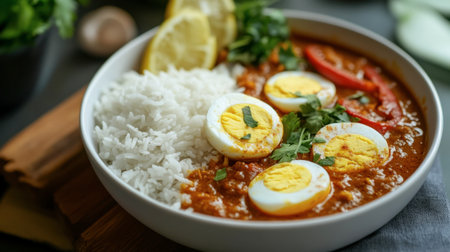 A savory egg curry served in a traditional bowl, featuring boiled eggs in a rich and spicy sauce with a side of steamed rice.の素材