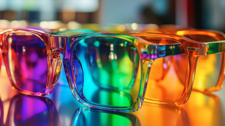 A row of colorful, translucent glasses with an optical illusion effect, blending artistry and function.の素材