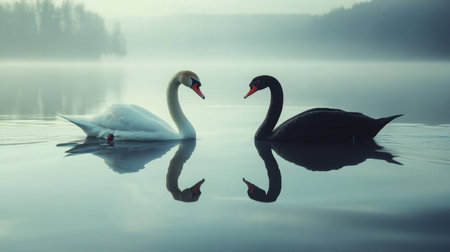 A serene white swan and a majestic black swan gliding gracefully together across a calm, reflective lake.の素材