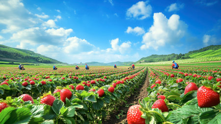 A scenic view of a strawberry farm with rows of plants and workers harvesting strawberries under a bright blue sky.の素材