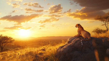 A serene portrait of a cheetah resting on a rock, framed by a stunning sunset, evoking a sense of calm in the wilderness.の素材