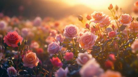 A serene landscape featuring a field of multicolored roses swaying in the breeze, capturing the beauty of nature in full bloom.の素材