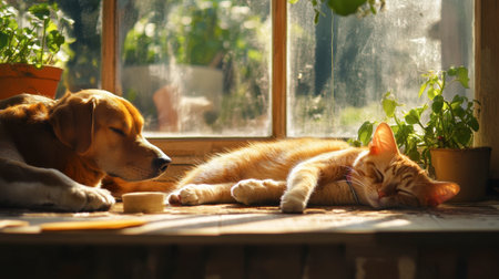 A serene scene of a cat peacefully sleeping in the sun while a dog watches over it, capturing a moment of tranquility.の素材