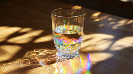 A crystal-clear drinking glass with prism-like surfaces, dispersing light into a rainbow of colors as it holds water.の素材