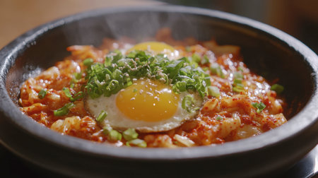 A flavorful Korean dish featuring spicy kimchi and eggs served in a sizzling stone bowl, creating an inviting and hearty meal.の素材