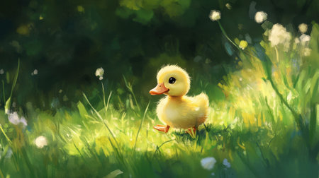 A duckling exploring a grassy area, its small feet making tiny impressions in the earth as it curiously investigates its surroundings.の素材