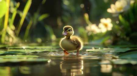 A duckling waddling towards the camera, its tiny feet creating ripples in a small pond filled with lily pads.の素材
