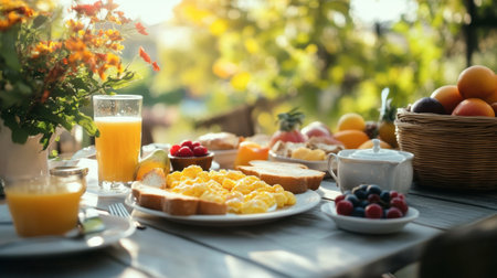 A picturesque setting of an outdoor breakfast table with scrambled eggs, toast, and fresh fruit, ideal for a leisurely morning.の素材