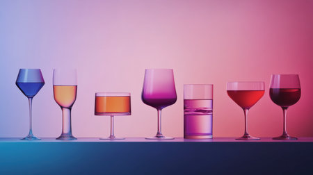 A minimalist bar scene with gradient-tinted drinking glasses, adding a modern twist to classic shapes.の素材