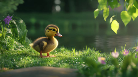 A duckling exploring a grassy area, its small feet making tiny impressions in the earth as it curiously investigates its surroundings.の素材