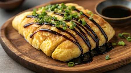 A fluffy Japanese omelet (tamagoyaki) served with a drizzle of soy sauce and garnished with green onions, on a wooden platter.の素材