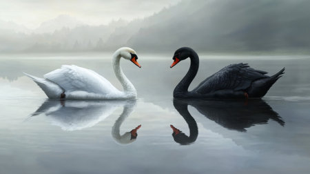 A serene white swan and a majestic black swan gliding gracefully together across a calm, reflective lake.の素材