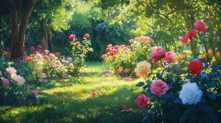 A serene garden scene featuring multicolored roses blooming alongside lush green foliage, creating a picturesque and tranquil atmosphere.の素材