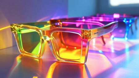 A row of colorful, translucent glasses with an optical illusion effect, blending artistry and function.の素材
