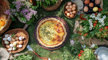 A rustic outdoor picnic setting with a spread of egg dishes, including quiche and deviled eggs, surrounded by fresh herbs and flowers.の素材