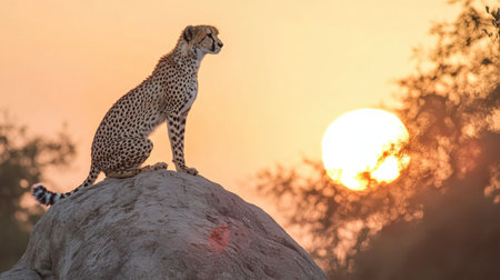 A solitary cheetah perched on a rock outcrop, surveying its territory as the sun sets in the background, casting an orange glow.の素材