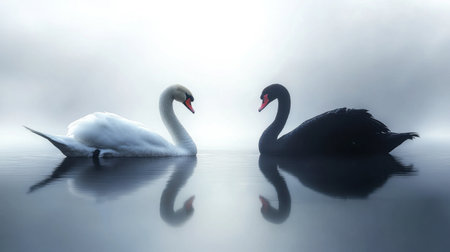A tranquil morning view of a white swan and black swan resting on the surface of a misty lake.の素材