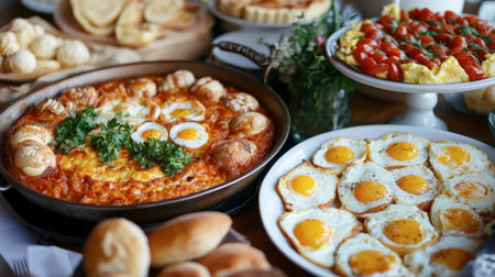 A stunning brunch display with a variety of egg dishes, including shakshuka and frittata, beautifully garnished and served in elegant dishes.の素材